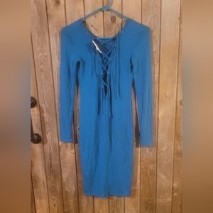 NEW# FOREVER 21 Small TEAL Calf-length long-sleeved bodycon MIDI dress